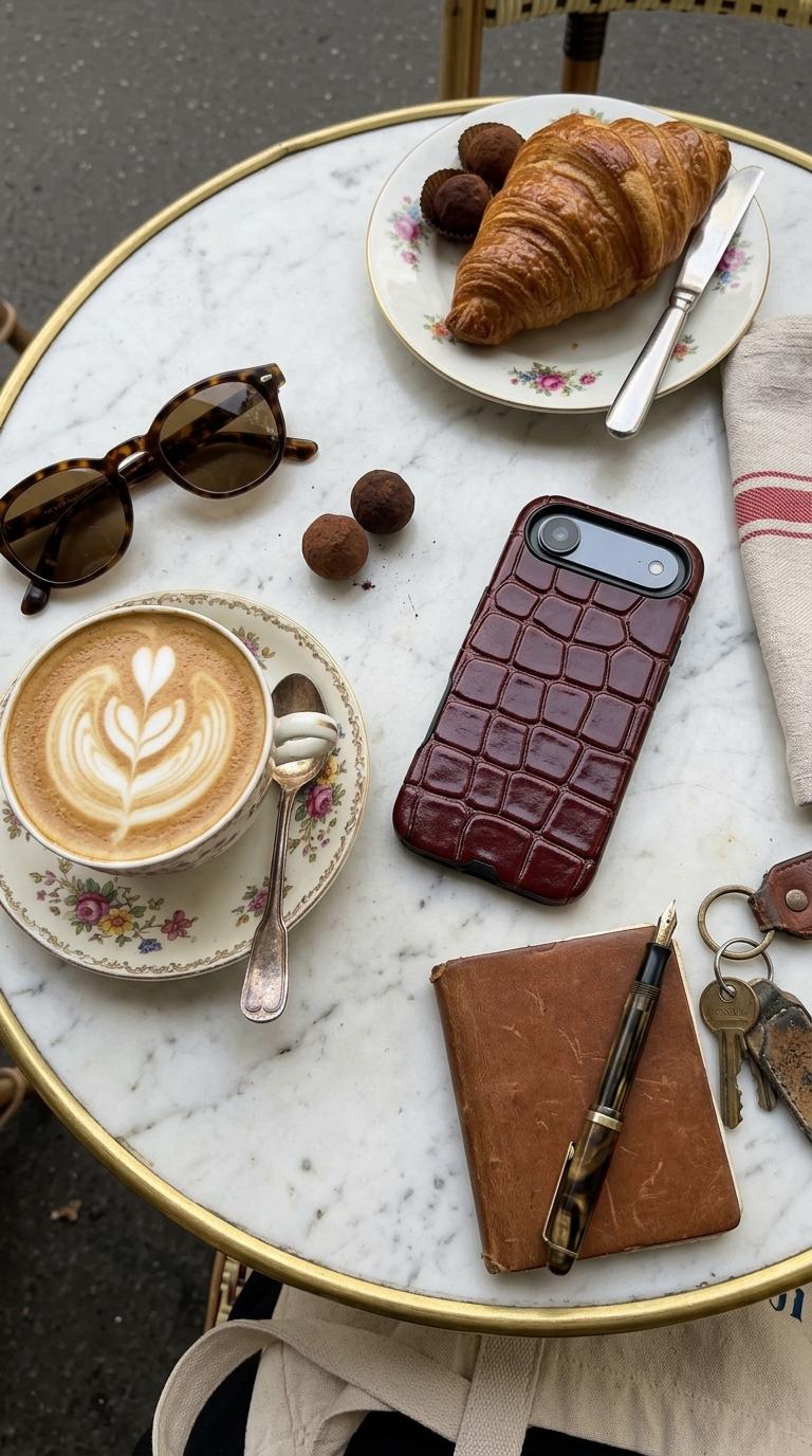 Personalized phone case shown in a handbag flat lay