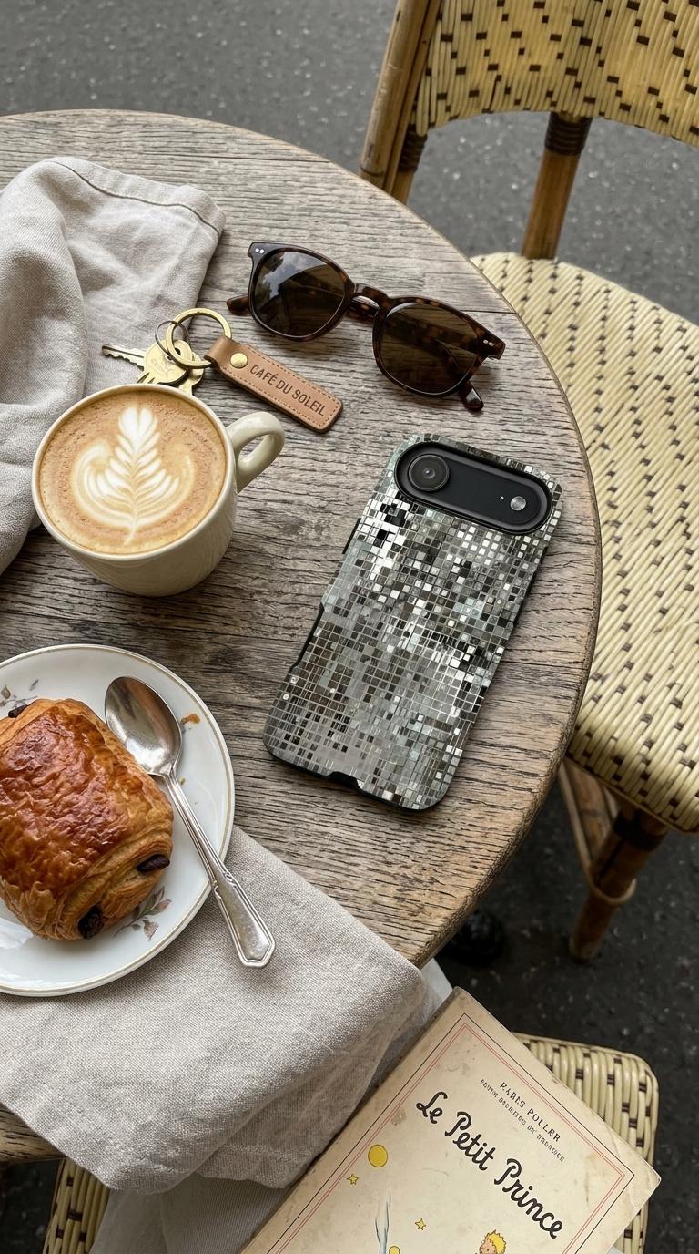 Personalized phone case styled on a cafe table