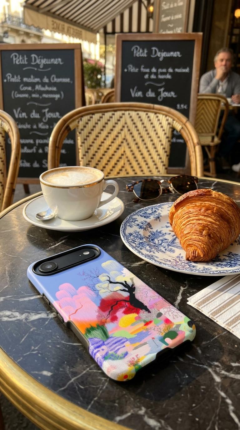 Personalized phone case placed on a cafe table