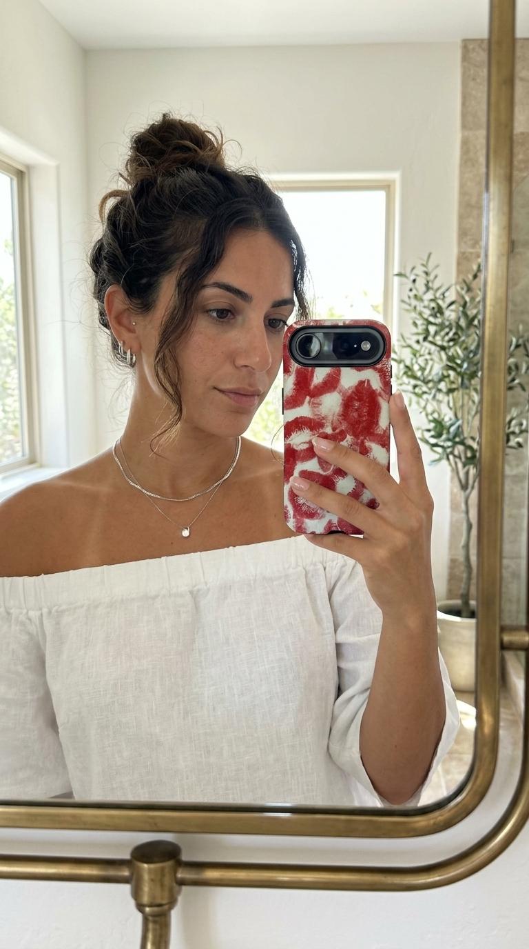 Customer wearing sunglasses holding a personalized phone case