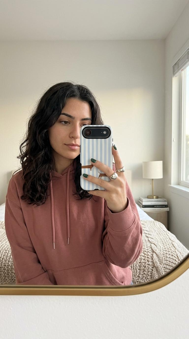 Customer seated at a cafe with a striped personalized phone case